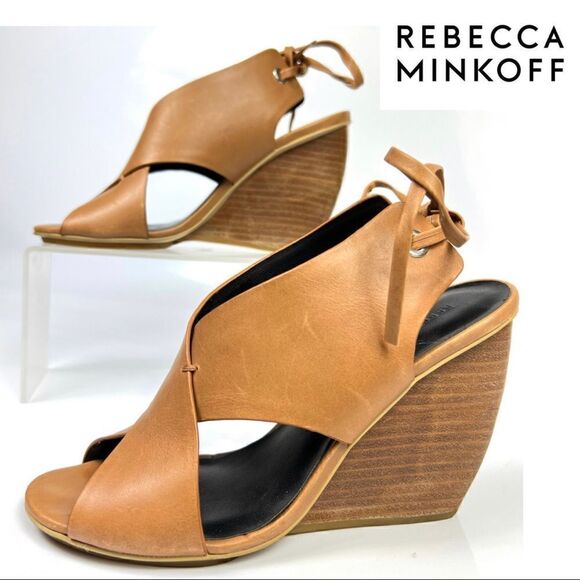 REBECCA MINKOFF Size 6 Eden Leather Criss Cross Curved Wedge Peep Toe Tan - Picture 1 of 10